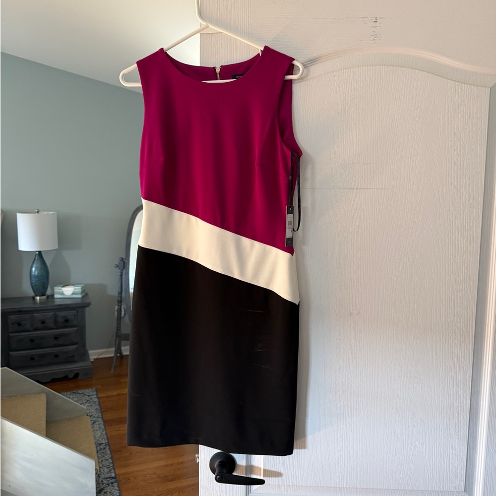 Tommy Hilfiger Magenta, White & Black Sleeveless Colorblock Sheath Dress